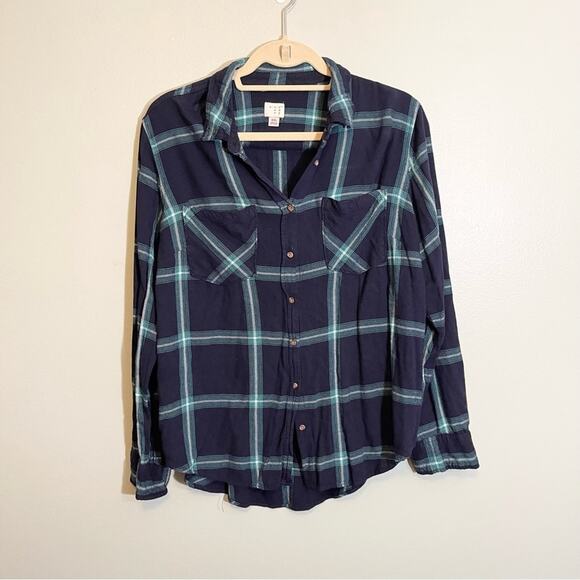 A New Day Plaid Collared Long Sleeve Front Pockets Button Down Shirt Blue XXL - Picture 1 of 15